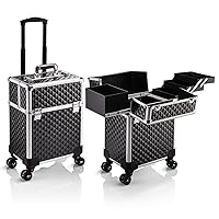 Stagiant Rolling Makeup Train Case Large Storage Cosmetic Trolley 4 Tray with Sliding Rail Removable Middle Layer with Key Swivel Wheels Salon Barber Case Traveling Cart Trunk