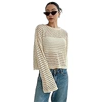 Women's Tops Sexy Tops for Women Women's Shirts Hollow Out Drop Shoulder Open Knit Top Without Cami Top (Color : Apricot, Size : Small)