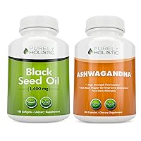 Black Seed Oil 1400mg + Organic Ashwagandha 1300mg Bundle - 180 Softgels + 180 Capsules - Easy to Swallow - Made in USA
