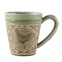 NOVICA Handmade Celadon Ceramic Mug Glazed from Thailand Green Tableware Dinnerware Mugs Cups Animal Themed Bird [3.9in H x 5.5in W x 3.9in D 10 Oz.] 'Thai Zodiac Chicken'
