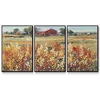 Renditions Gallery Farmhouse Wall Art Red Barn Flower Country View Painting Modern Abstract Home Artwork Canvas Prints Wall Decorations for Bedroom and Bathroom-Black Floater Frame-24”x36”x3 Panels, LS017