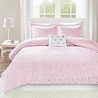 Rosalie Comforter Set for Girls, Ultra-Soft Microlight Plush Metallic Printed Hearts Brushed Reverse Overfilled Down Alternative Hypoallergenic All Season, , Full/Queen, Pink/Silver, 4 Piece