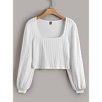 Plus Size Womens Tops Plus Square Neck Bishop Sleeve -Shirt (Color : White, Size : XX-Large)