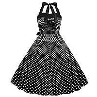 Vintage Women 1950s Rockabilly Swing Dress Polka Dots 50s Smocked Back Hepburn Style Halterneck Belted A-Line Dress