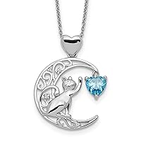 Sterling Silver Blue & Clear CZ Cat & Moon Necklace