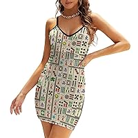Vintage Mahjong Women's Sling Dress Sexy V-Neck Dress Sleeveless Spaghetti Strap Mini Dress Bodycon Dresses