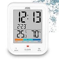 ADE Digital Bathroom Clock with Hygrometer and Thermometer, IP65 Waterproof, Shower Timer, Countdown Function, Large LCD Display, with Date Display, White