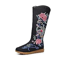 Women's Embroidered Cloth Boots Flat Soles Women's Shoes Side Zipper Mid-Calf Boots