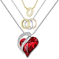Layer Necklaces Bundle - Red Crystal Heart + Together Ring Pendant + Initial Letters