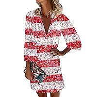 Woman 4th of July Dress Patriotic Dress for Women Sexy Casual Vintage Print with 3/4 Length Sleeve Deep V Neck Independence Day Dresses Red 3X-Large