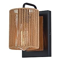 Rattan Boho Wall Sconces,Farmhouse Wall Light Fixtures Lighting with Hand Woven Shade Bedside Wall Lamp,Wall Mount Light Fixture for Bedroom Living Room Bathroom Stairway, Faux-Wood Color Black Finish