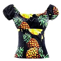 Women Black Peasant Tops Pineapple Print Pinup Shirt Rockabilly Clothing