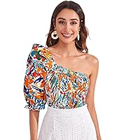 Women's Tops Allover Print Shirred Ruffle One Shoulder Top Sexy Tops for Women