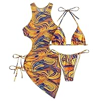 Women Bathing Suit Two Piece Shorts Strap Drawstring Color Dress Three Piece Swimsuit Bikini