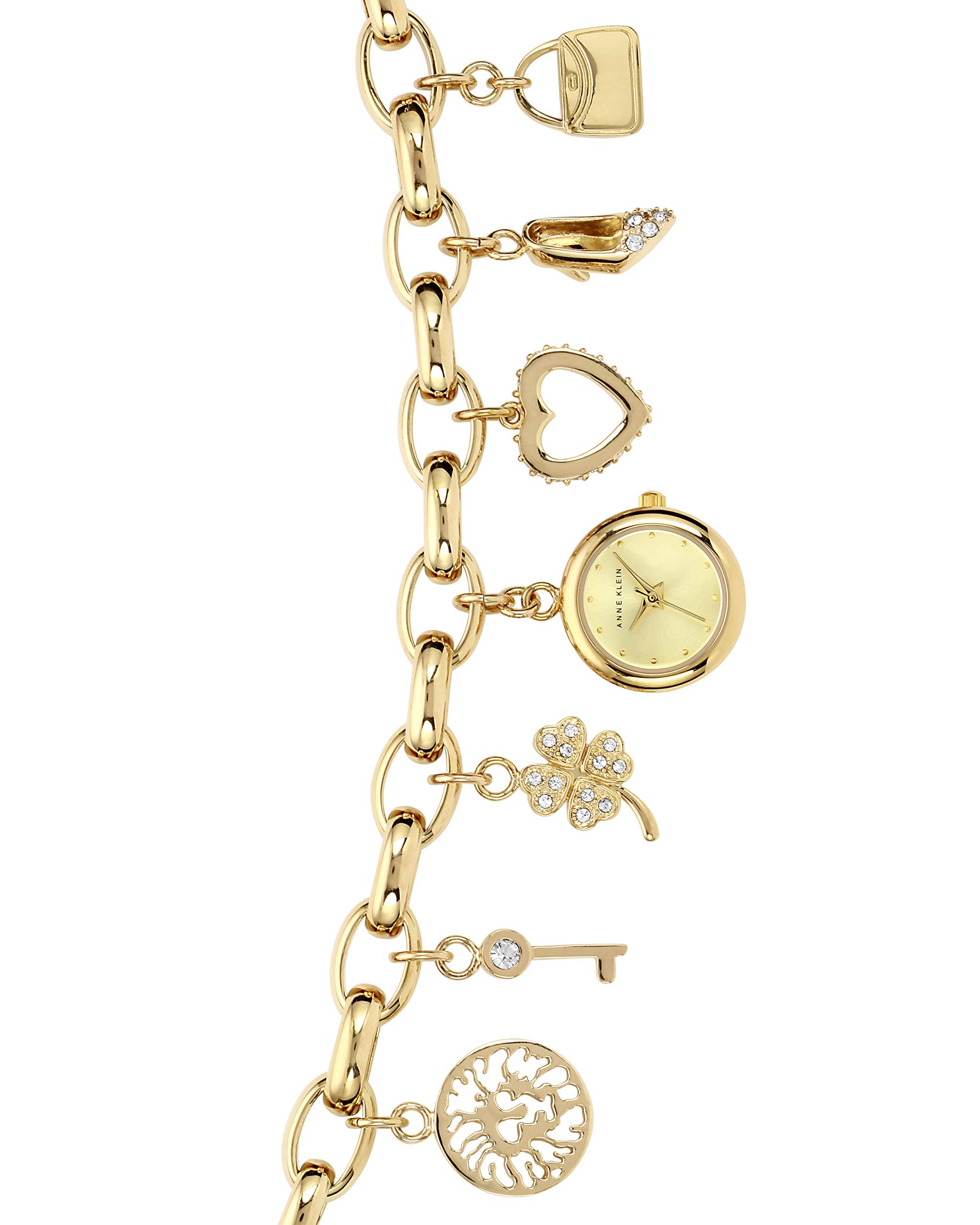 Anne Klein Women's Premium Crystal Accented Gold-Tone Charm Bracelet Watch, 10/7604CHRM