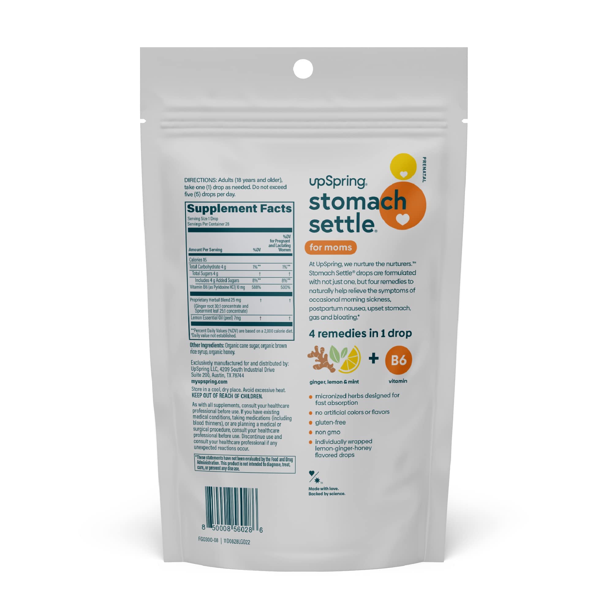 UpSpring Stomach Settle for Moms Drops for Occasional Morning Sickness with Ginger, Lemon, Spearmint, and B6. Individually Wrapped Drops, 28 Ct(Packaging May Vary)