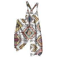 Overalls for Women Casual Loose Sleeveless Jumpsuits Retro Print Metal Button Long Pant Romper Jumpsuit with Pockets