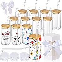 12 Pieces 12 oz Sublimation Glass Blanks Frosted Sublimation Cups with Bamboo Lids and Straws Clear Beer Can Jars with 12 Gift Boxes for Gifts Coffee Juices DIY