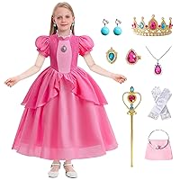 Princess Peach Dress for Girl Kids, Peach Dress up Set With Accessories, Halloween Christmas Birthday Costume