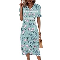 Beach Dresses for Women 2024 Summer Trendy Elegant Wrap V Neck Floral Boho Print Flowy Tunic Ruched Hawaiian Dress