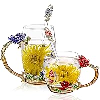 Tea Cup Glass Coffee Mugs (12 oz), Pack of 2 Fancy Tea Cups, Clear Glass Cups with Spoon Set, Mother's Day Gifts, Handmade Butterfly, Rose Flower Enamel Design, Birthday Decoration Wedding Gift Ideas