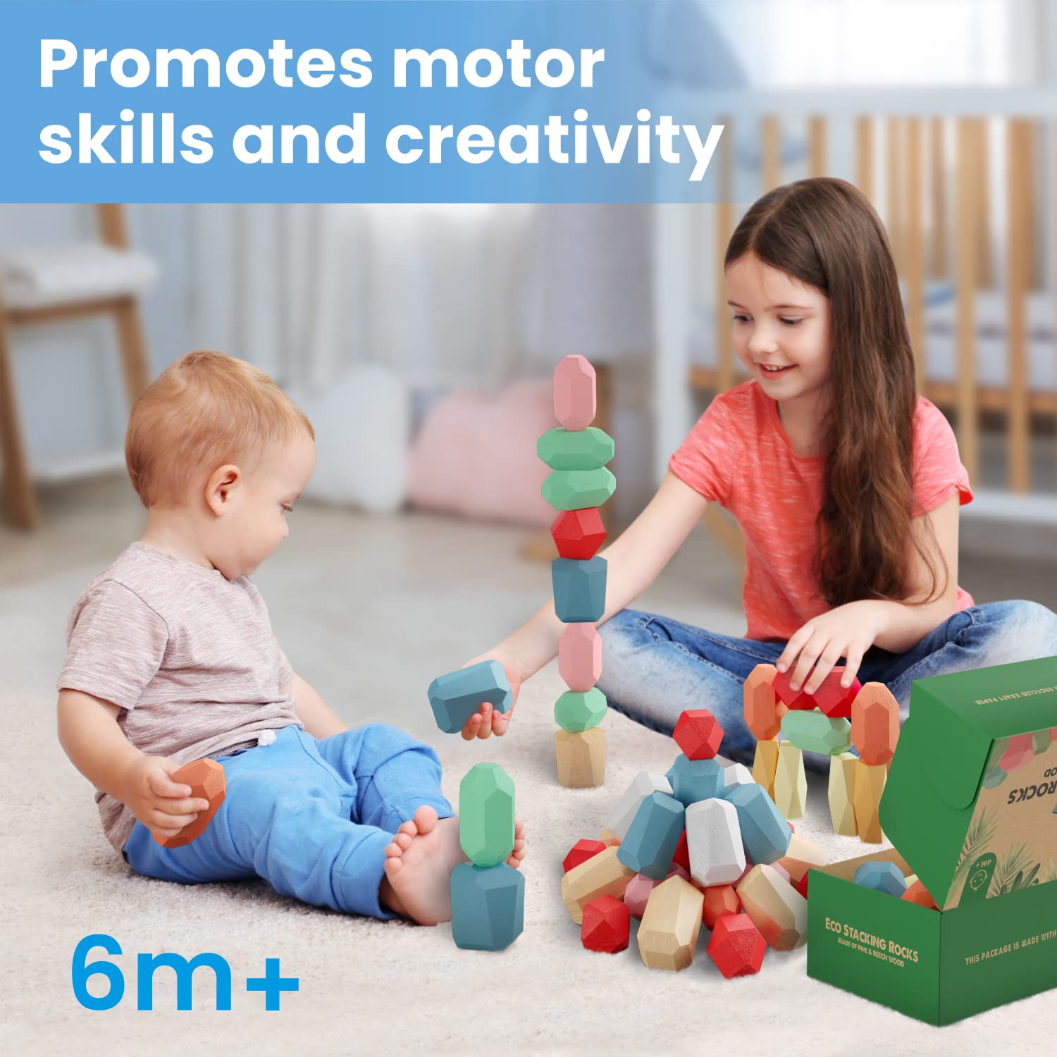 EVERSMART 36 Pcs Wooden Stacking Blocks – Montessori Toys for 1 2 3 4 5 6 Year Old Toddlers and Kids, XXL Rocks, No Choking Hazard – Sensory STEM Building Stones, Girl or Boy Birthday Gifts