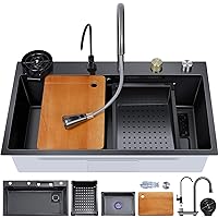 Waterfall Kitchen Sink, Single Bowl Drop in Kitchen Sink, 304 Stainless Steel Waterfall Sink, Kitchen Sink Workstation with Pull-Out Faucet and Multiple Accessories (31.49×17.77×8.66 inch)