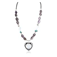$280Tag Silver Heart Certified Navajo Turquoise Amethyst Opalite Necklace 24514-12 Made by Loma Siiva