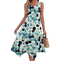 Long Flowy Dresses for Spring Maxi Dresses for Women 2024 Round Neck Sleeveless Irregular Hem Floral Print Midi Dress, S-2XL