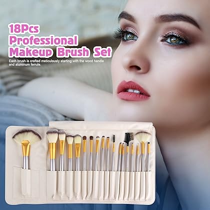 AMMIY Makeup Brushes 18 PCs Makeup Brush Set Professional Wood Handle Premium Synthetic Contour Concealers Foundation Blending Face Powder Eye shadow Cosmetic Brushes with PU Leather Bag (Champagne)
