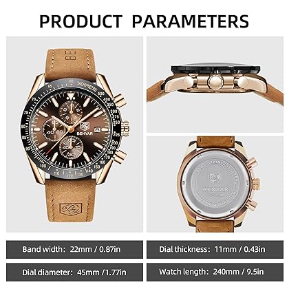 BY BENYAR Mens Watches Analog Waterproof Chronograph Men's Fashion Classic Elegant Wrist Watch with Leather Band Business Work Gifts for Men