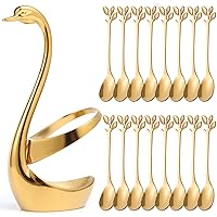 AnSaw Gold Small Swan Base Holder With Gold 16Pcs 4.7Inch leaf Handle Coffee Spoon Set