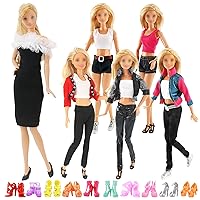 16 PCS Handmade Doll Clothes and Accessories for 11.5 Inch Girl Dolls Including 6 Casual Wear Outfits ( 3 Coat 5 Tops 5 Pants 1 Dress) and 10 Pair of Shoes in Random Birthday