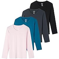 Real Essentials 4-Pack: Women's Dry-Fit Long-Sleeve V-Neck Athletic Workout Shirt (Available in Plus Size)