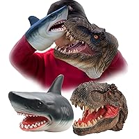 Gemini&Genius Tyrannosaurus & Shark Hand Puppets Dinosaur and Marine Animal World Action Figure Set Funny & Scared Head Hand Puppets for Home, Stage and Class Role Play Toys
