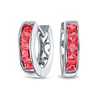 Unisex Small CZ Channel-Set Checkboard Invisible Square Princess Cut Huggie Hoop Earrings in Rose & Yellow Gold-Plated .925 Sterling Silver, Clear, Red, Blue, Green and Black Cubic Zirconia for Women