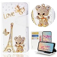 STENES Bling Wallet Phone Case Compatible with Samsung Galaxy S23 Case - Stylish - 3D Handmade Eiffel Tower Bear Butterfly Magnetic Wallet Stand Leather Cover Case - Gold
