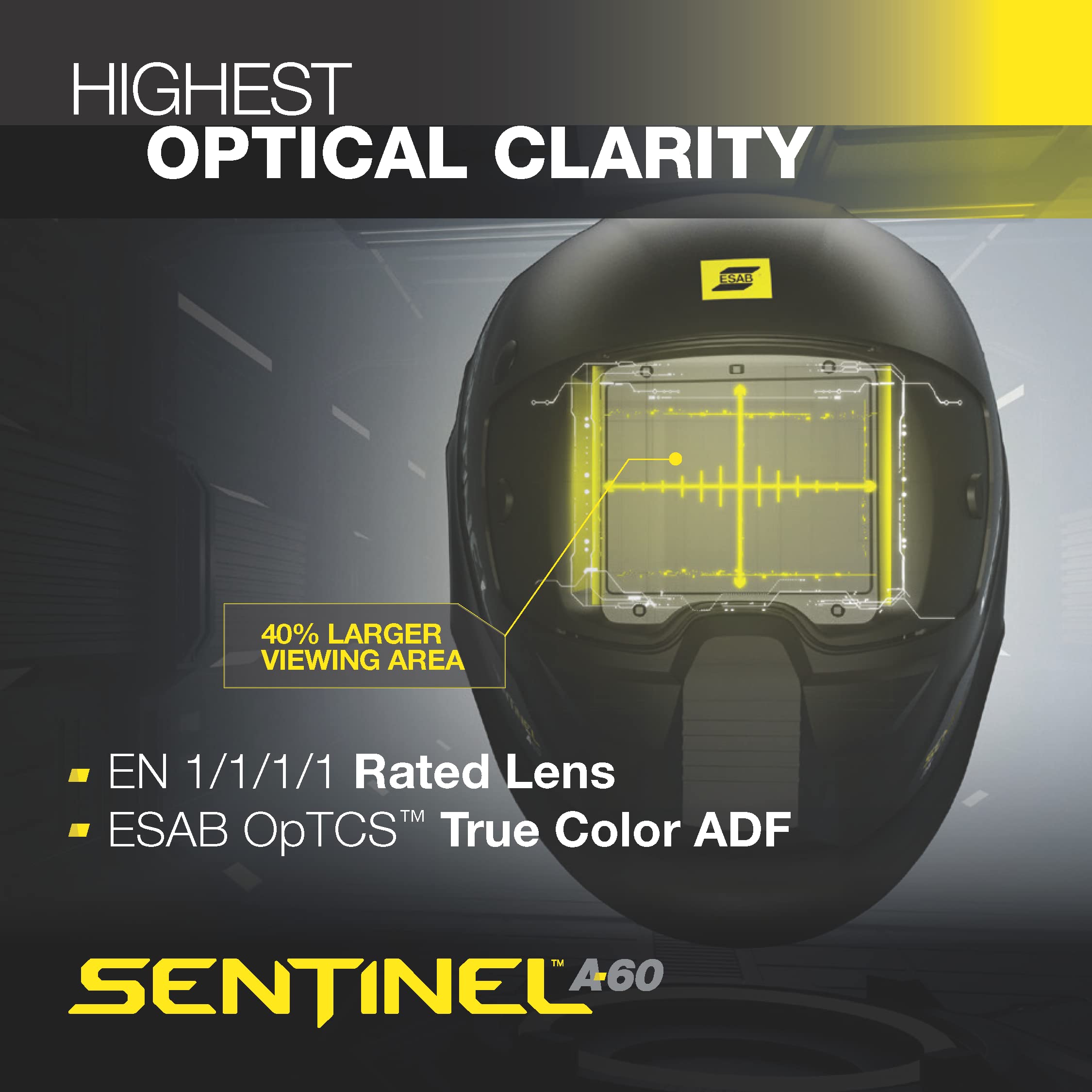 ESAB® Sentinel™ A60 Welding Helmet, Black Low-Profile Design, High Impact Resistance Nylon, Large Viewing Area 4.65 in x 2.80 in