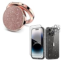 MIODIK Bundle - for iPhone 15 Pro Max Case Clear Glitter (Black) + Phone Ring Holder (Rose Gold), with 2Pcs Screen Protector & 2Pcs Camera Lens Protector, Protective Shockproof for Women