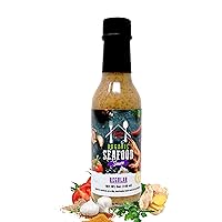 Masarap Seafood Sauce- Gourmet Seafood Sauce with parsley, garlic, tomatoes, olive oil, and Filipino-West African spices. Great for Salmon, crab, Tilapia, and more. Gluten-free, Organic, Vegan. Non-spicy in a 5 oz glass bottle. Made in California.