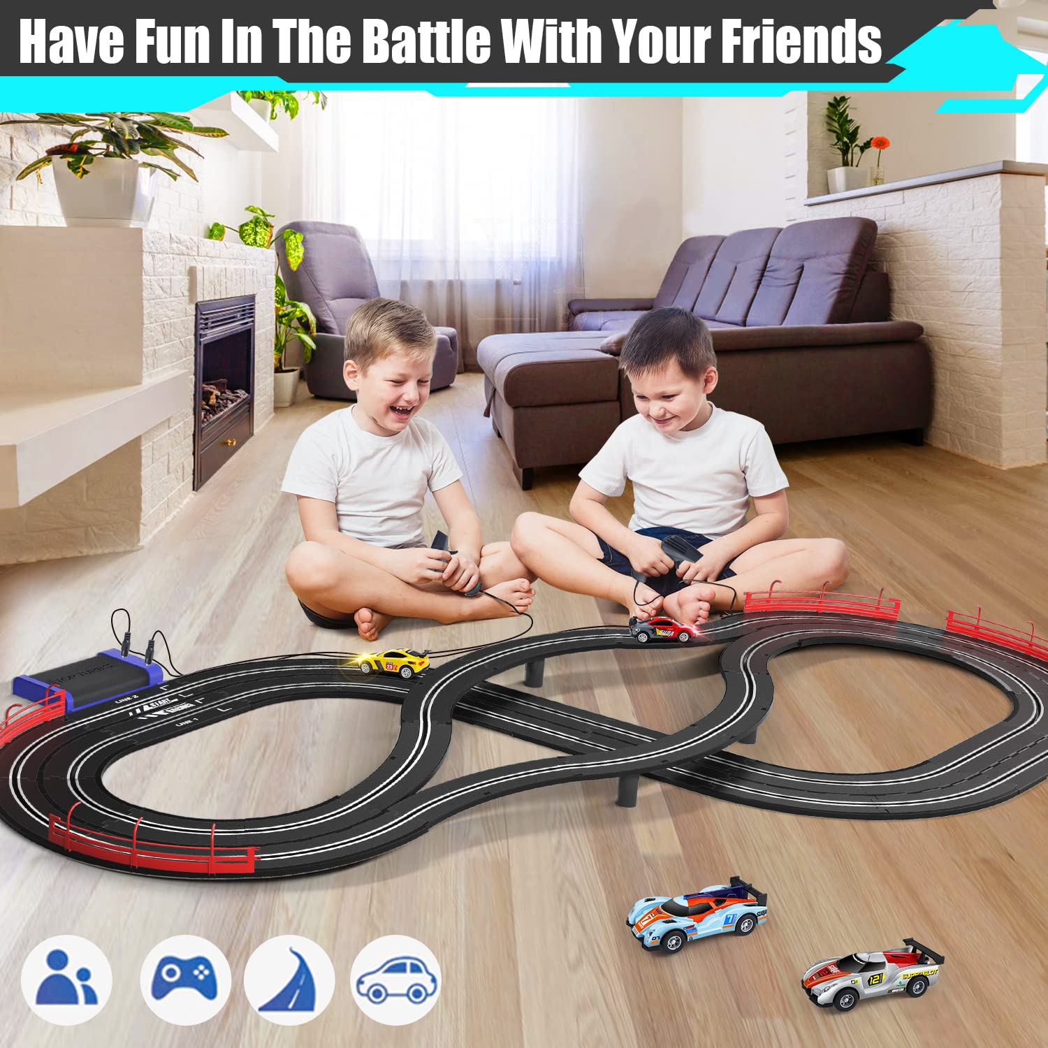 Electric Racing Tracks for Boys and Kids Including 4 Slot Cars 1:43 Scale with Headlights and Dual Racing, Race Car Track Sets with 2 Hand Controllers, Gift Toys for Children Over 8 Years Old