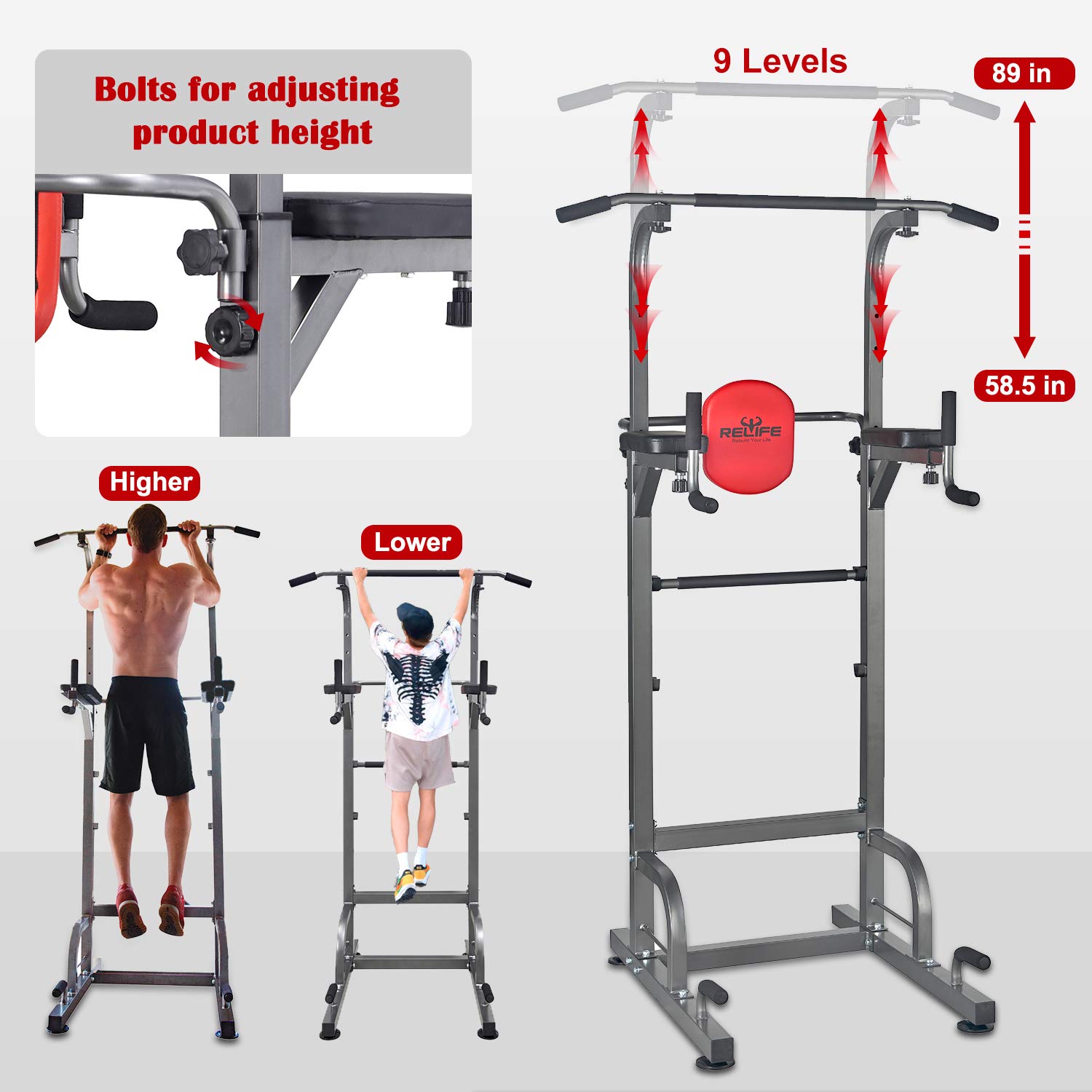 RELIFE REBUILD YOUR LIFE Power Tower Pull Up Bar Station Workout Dip Station for Home Gym Strength Training Fitness Equipment Newer Version