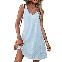 Vacation Sundress for Women Sleeveless V Neck Tank Dress with Pocket, Loose Fit Mini Swing Beach Dress Eyelet Sun Dresses