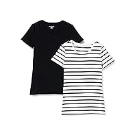 Amazon Essentials Women's Classic-Fit Short-Sleeve Crewneck T-Shirt, Pack of 2, Black/White Stripe, X-Small