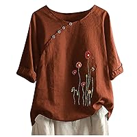 Women Summer Cotton Linen Tshirt Tops Trendy Dandelion Print Casual Loose Fit Tunic Tee Lady Plus Size Crewneck Blouse