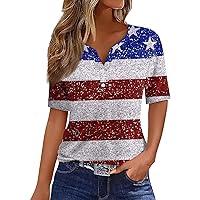 4Th of July Shirts Women,Women's Casual V-Neck Short Sleeved Decorative Button Up T-Shirt Top