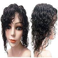 6.3 * 7.1in Curly/Wavy Hair Toppers For Women,Large Silk Base Real Human Hair Hairpieces Toupee Wiglet for Severely Thinning Hair (dark brown2#,14in-left part)
