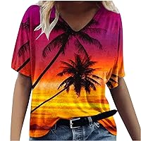 Womens Plus Size Summer Tops Hawaiian Palm Print Shirts Loose Fitted V Neck Tee Trendy Blouses Workout Beach Tunic