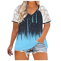 Plus-Size-Tops for Women Summer V Neck Casual Shirts Lace Short Sleeve Tees Printed Loose Comfortable T Shirts
