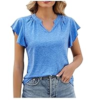 Women Cotton Flowy Ruffle Cap Sleeve V Neck Tops Summer Casual Loose Fit Fashion Solid Color T-Shirts for Going Out
